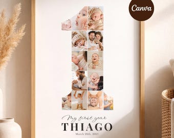 First Year Photo Collage Poster Editable | Number One for Baby 1st Birthday | Minimalist Nursery Decor | One Year Old Gift, Canva Template