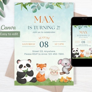 Plantilla de invitación de cumpleaños con animales adorables, invitación editable para niños pequeños, tarjeta de cumpleaños personalizada con panda y koala, invitación descargable