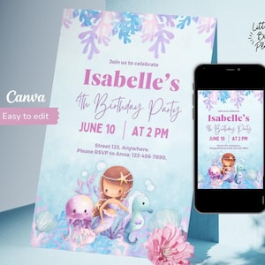 Modèle d'invitation d'anniversaire de sirène, faire-part modifiable pour fille, carte personnalisée sous la mer, jolie fête d'anniversaire couleurs douces et petite sirène