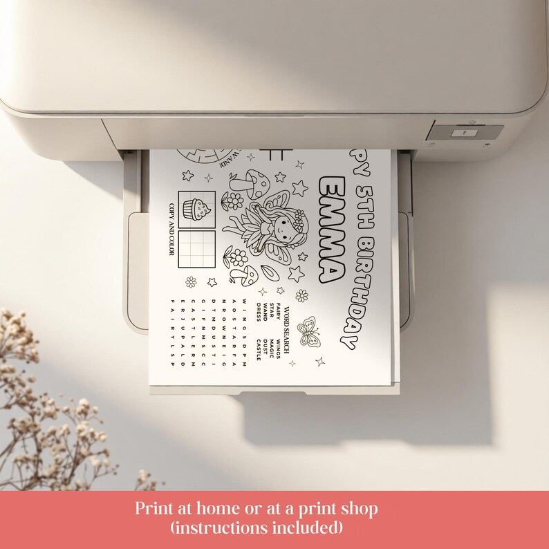 fairy garden party favor coloring placemat with maze and word search