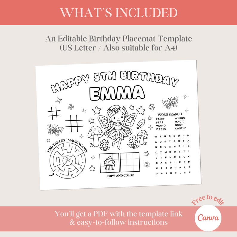 editable fairy party placemat coloring activity sheet for kids table activity