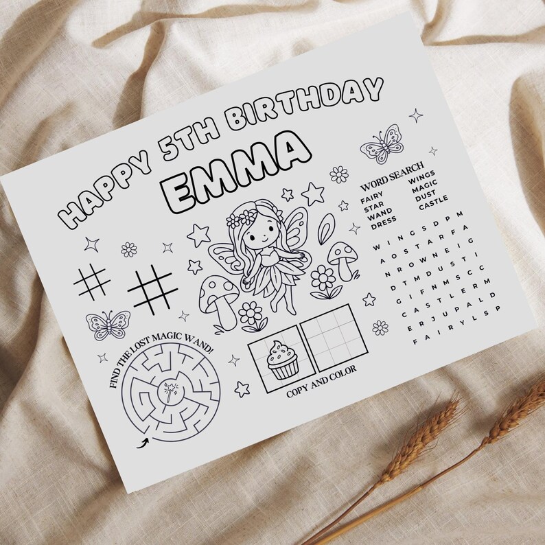 fairy activity sheet printable kids table entertainment coloring mat