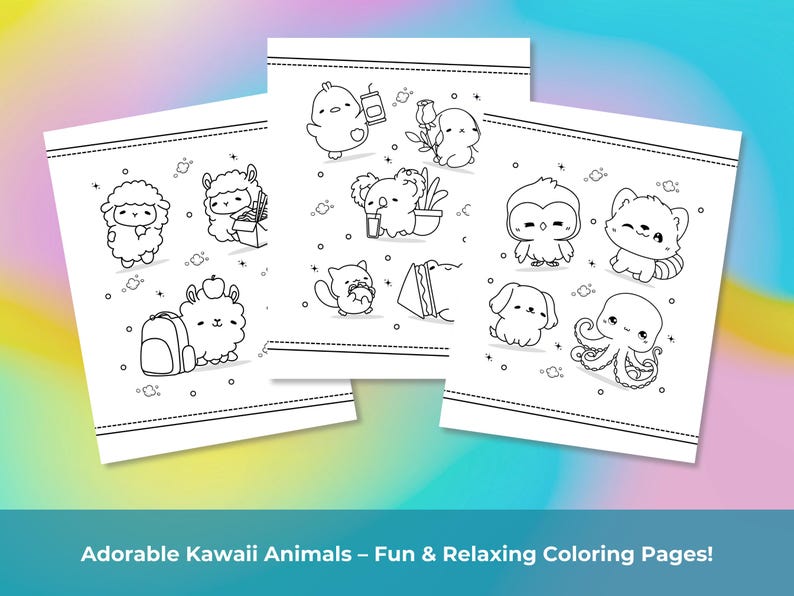 Set of 20 cute kawaii animal coloring pages, printable chibi style sheets with adorable baby animals and Japanese pastel designs for kids.