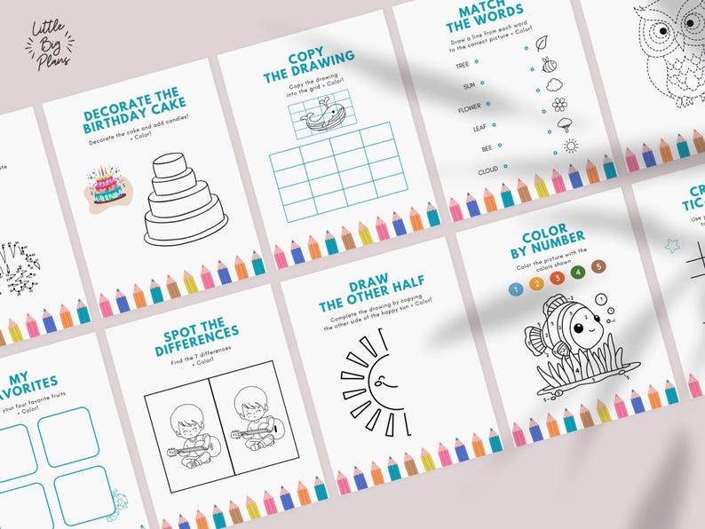 Fun activity pages for children including connect the dots, color by number, and mazes