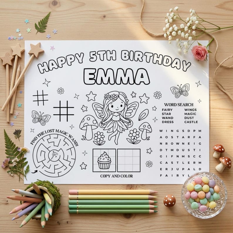 editable fairy party placemat coloring activity sheet for kids table activity