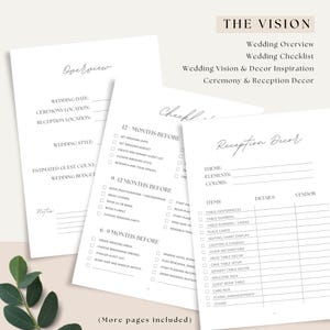 Wedding binder printable pages including RSVP tracker, seating chart and vendor contact list