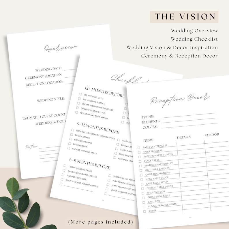 Wedding binder printable pages including RSVP tracker, seating chart and vendor contact list