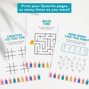 Printable kids activity book with fun mazes, word searches, coloring pages, and doodle prompts. PDF ready to download and print.