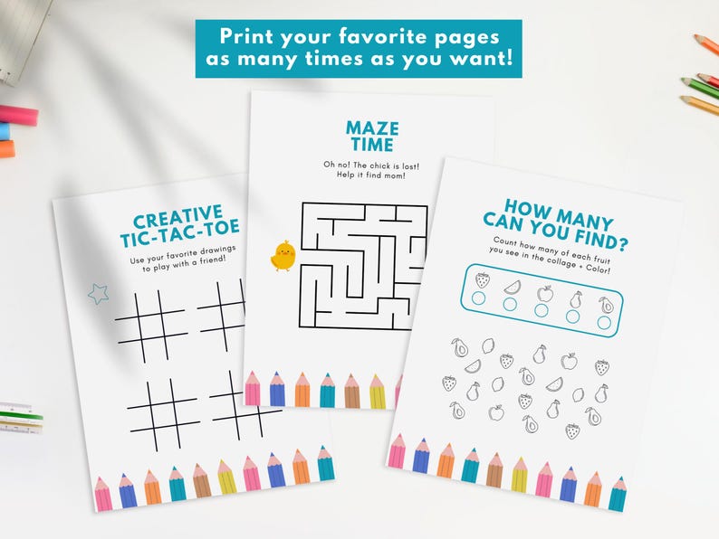 Printable kids activity book with fun mazes, word searches, coloring pages, and doodle prompts. PDF ready to download and print.
