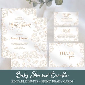 Lot d'invitations botaniques pour baby shower, ensemble toile de Jouy dorée, invitation florale modifiable + cartes : tombola de couches, livres pour bébé, merci