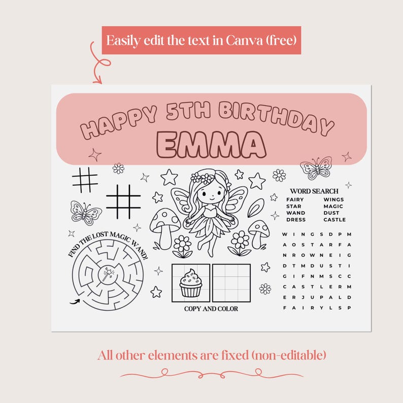 fairy birthday coloring page printable placemat kids party activity
