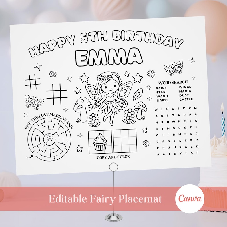 editable fairy party placemat coloring activity sheet for kids table activity