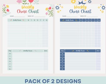 Paquete de tabla de tareas para niños editable, paquete de rutina diaria para hermanos, lista de verificación semanal familiar, rellenable digitalmente e imprimible (PDF + JPG)