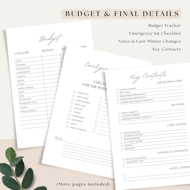 Printable wedding checklist and planning organizer with budget tracker and emergency kit list