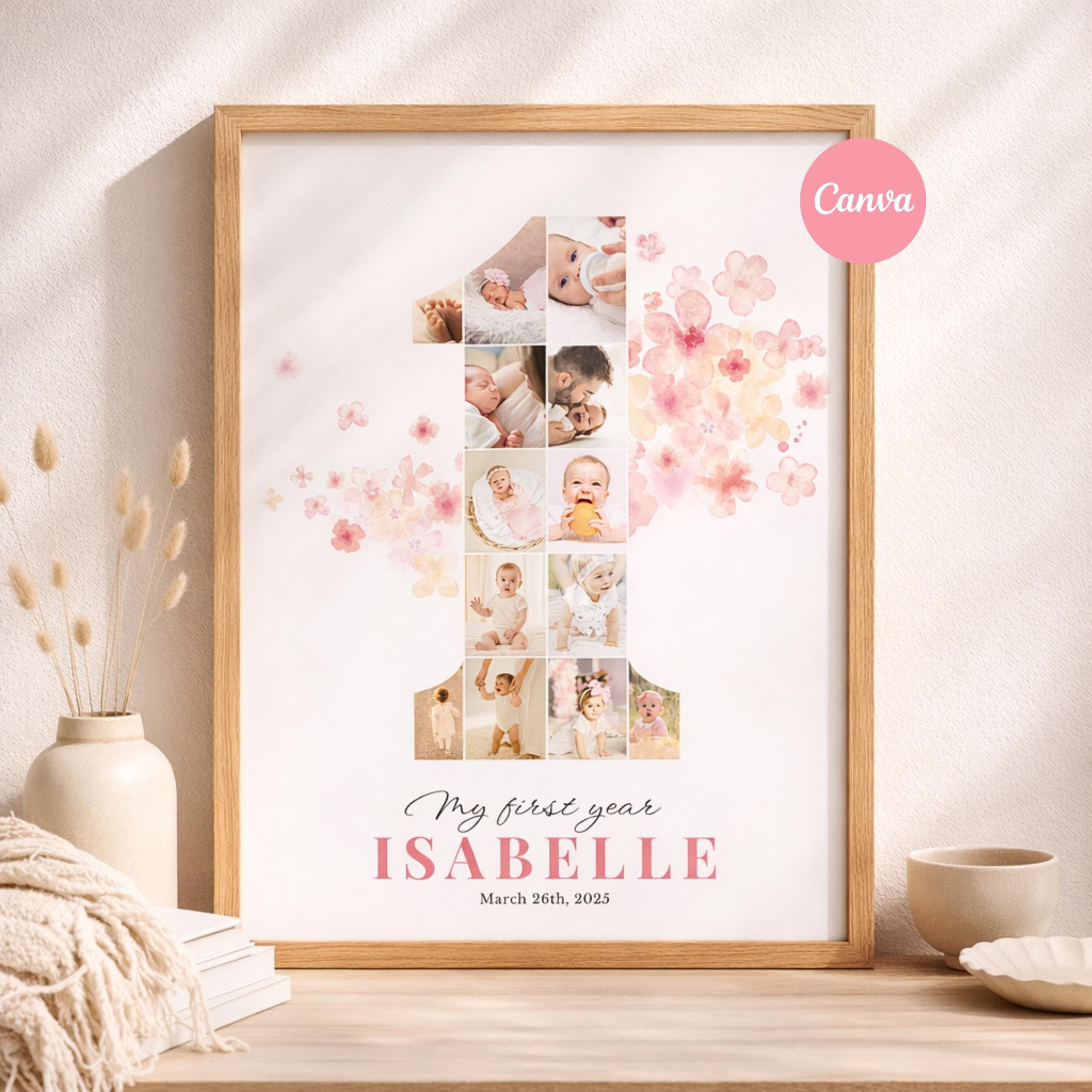 First Year Collage Math Editable First Year Photo Collage Poster | Number One for Baby Girls ...