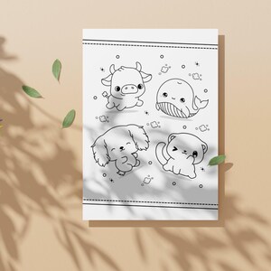 Instant download of 20 cute animal coloring pages in kawaii style, pastel baby animals and chibi drawings for kids and teens.
