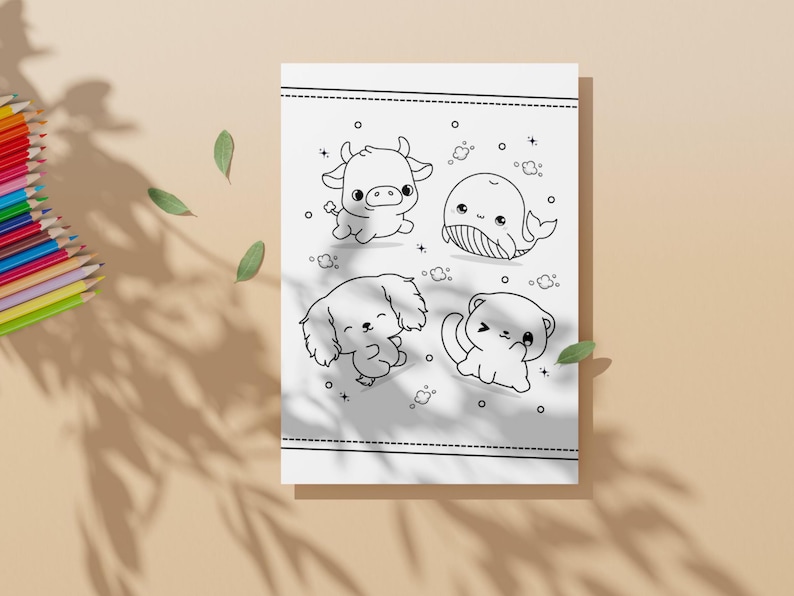 Instant download of 20 cute animal coloring pages in kawaii style, pastel baby animals and chibi drawings for kids and teens.