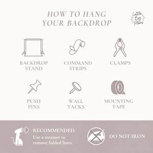Infographic showing how to hang a fabric backdrop with six options: backdrop stand, command strips, clamps, push pins, wall tacks, and mounting tape. Footer note recommends using a steamer to remove folded lines and advises do not iron.