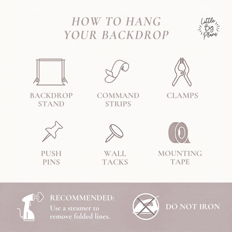 Infographic showing how to hang a fabric backdrop with six options: backdrop stand, command strips, clamps, push pins, wall tacks, and mounting tape. Footer note recommends using a steamer to remove folded lines and advises do not iron.
