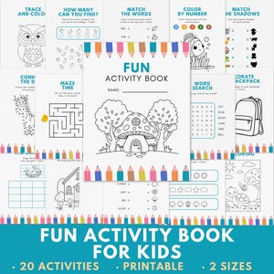 Peut inclure: Un livre d'activités amusantes pour enfants avec 20 activités imprimables. Le livre comprend des pages à colorier, des labyrinthes, des jeux de recherche de mots et d'association. La couverture présente une illustration de maison champignon.
