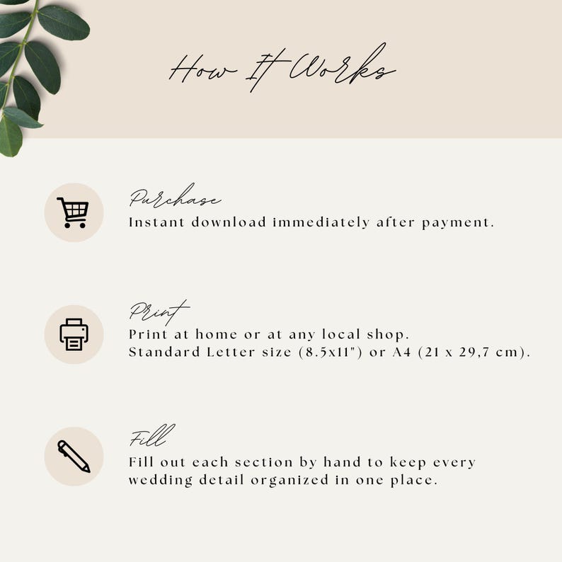 Modern minimalist wedding organizer printable with decor planning, shopping lists and notes pages - How it works