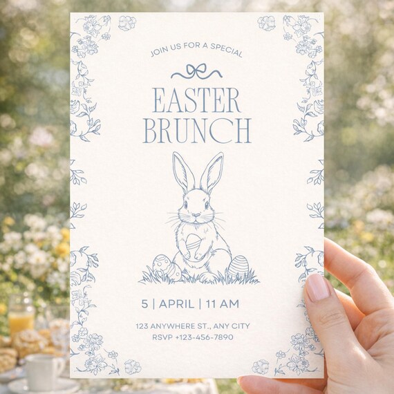 Editable Easter Brunch Invite · Blue Chinoiserie Bunny Toile Invitation · Elegant Botanical Spring Party · Canva Template