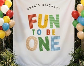 Fun to Be One Backdrop · Personalized 1st Birthday Backdrop · Colorful First Birthday Decor · Cake Smash Backdrop · Baby Photo Booth Banner