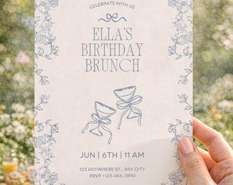 Birthday Brunch Invitation Blue Toile · Chinoiserie Garden Invite · Bubbles and Brunch · Floral Mimosa Invite · Canva Editable Template