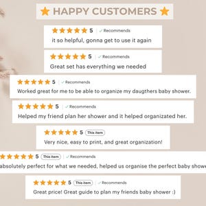 Baby Shower Planner with excellent reviews (5 stars) from customers