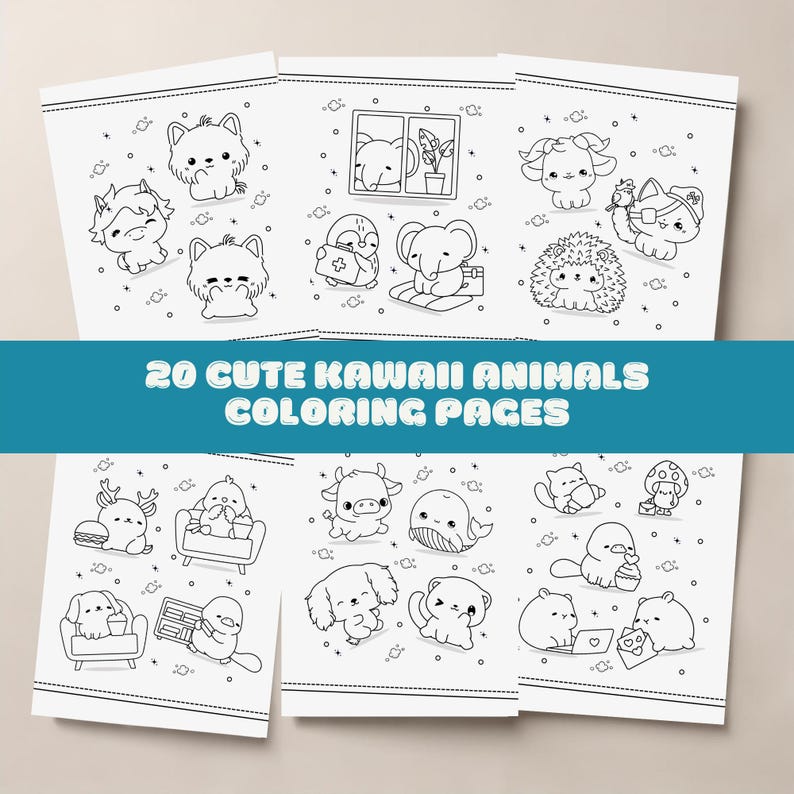Set of 20 cute kawaii animal coloring pages, printable sheets with adorable baby animals and Japanese pastel designs for kids.