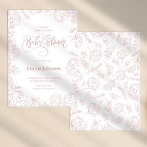 Modello di invito per baby shower botanico, invito modificabile in Toile de Jouy rosa antico, motivo Toile de Jouy francese, biglietto personalizzato stampabile fronte-retro
