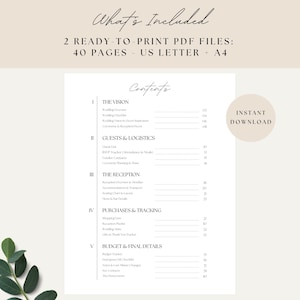 Minimalist wedding planner printable PDF with checklist, guest list and wedding timeline pages