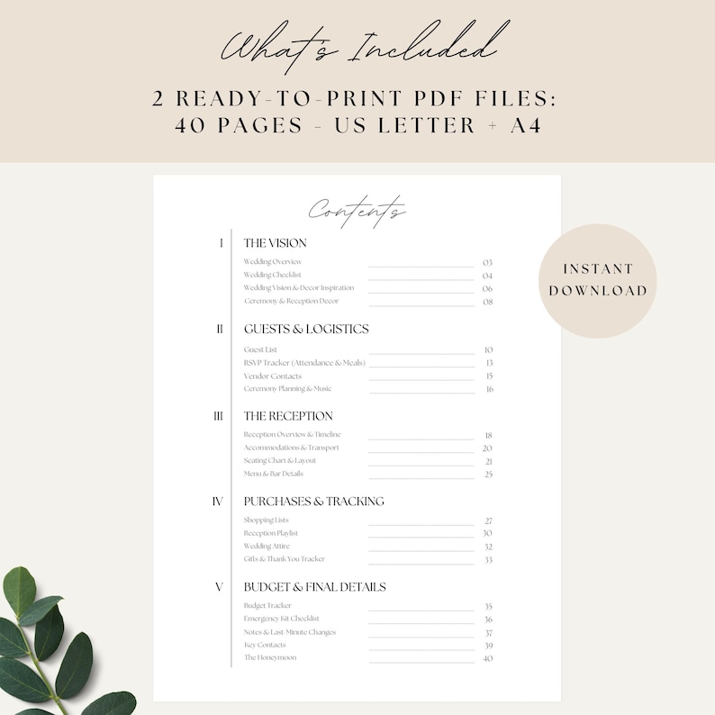 Minimalist wedding planner printable PDF with checklist, guest list and wedding timeline pages