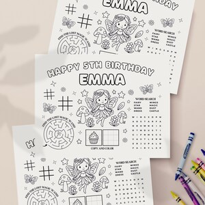fairy garden party favor coloring placemat with maze and word search