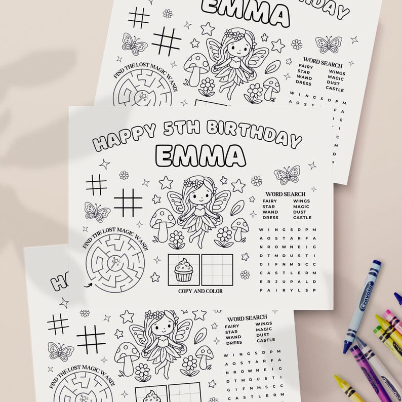 fairy garden party favor coloring placemat with maze and word search