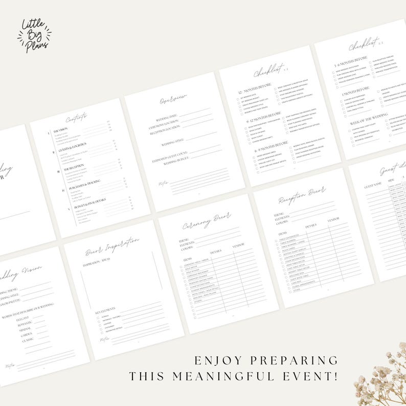 Wedding planning binder pages printable with timeline, checklist and guest tracking sheets