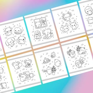 Kawaii animal coloring book pages to print, 20 sheets with adorable chibi baby animals, Japanese pastel designs for children’s art fun.