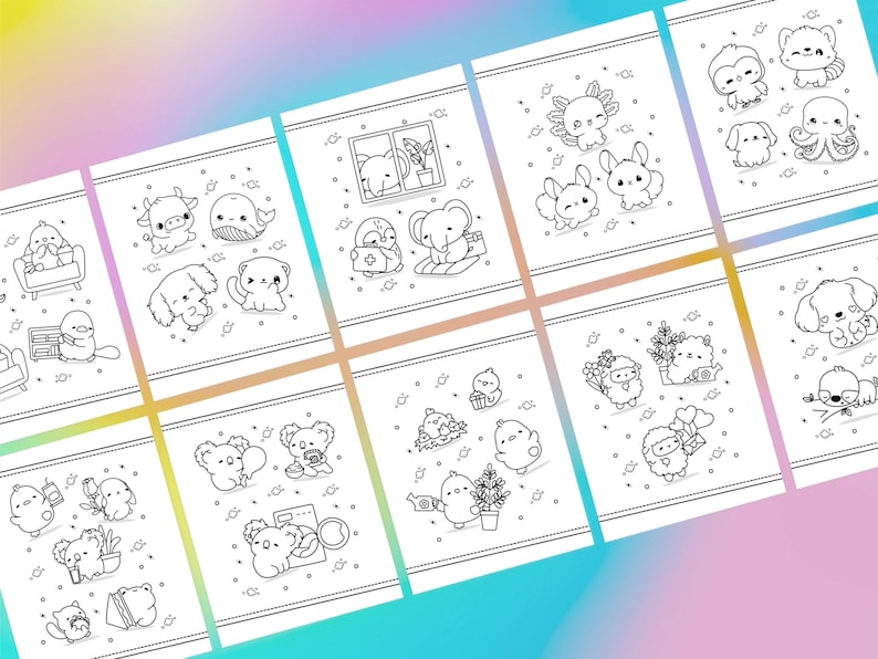 Kawaii animal coloring book pages to print, 20 sheets with adorable chibi baby animals, Japanese pastel designs for children’s art fun.