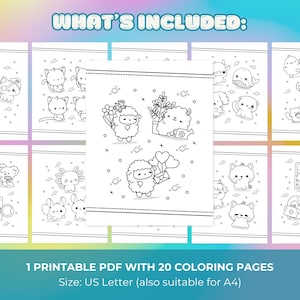 Set of 20 cute kawaii animal coloring pages, printable chibi style sheets with adorable baby animals and Japanese pastel designs for kids.