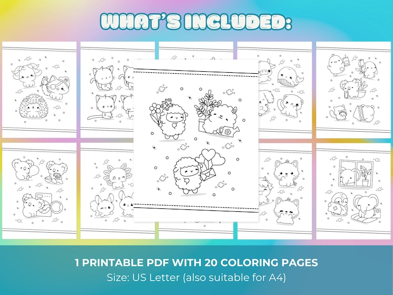 Set of 20 cute kawaii animal coloring pages, printable chibi style sheets with adorable baby animals and Japanese pastel designs for kids.