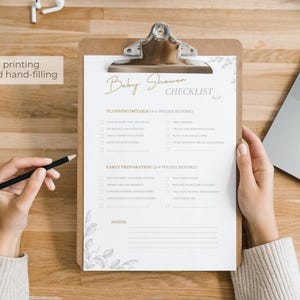 Neutral theme baby shower checklist with budget, guests, and shopping list.