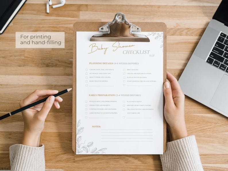 Neutral theme baby shower checklist with budget, guests, and shopping list.