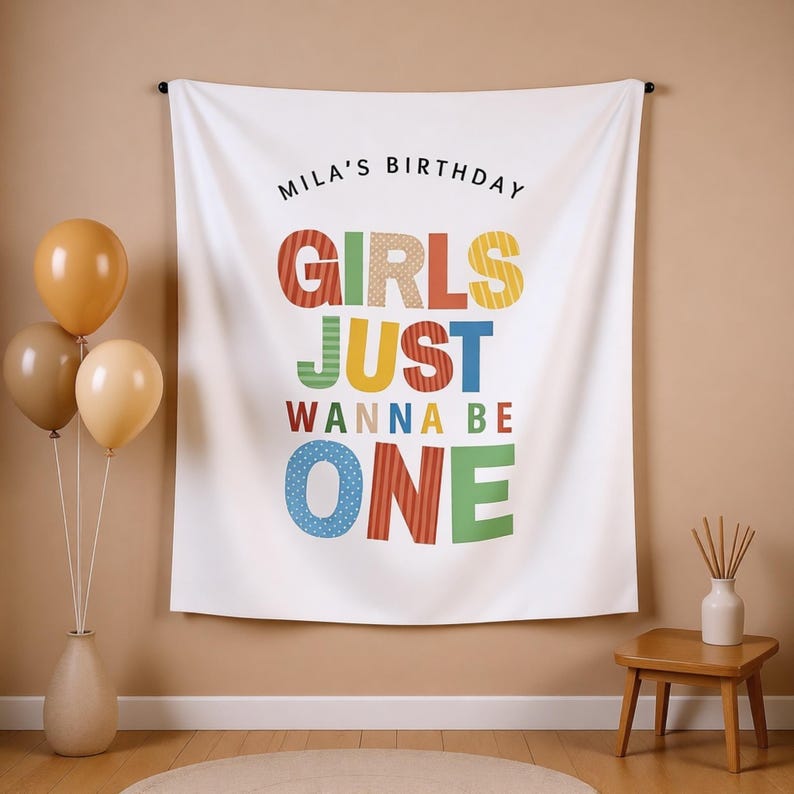 girls just wanna be one pastel rainbow birthday backdrop - retro version