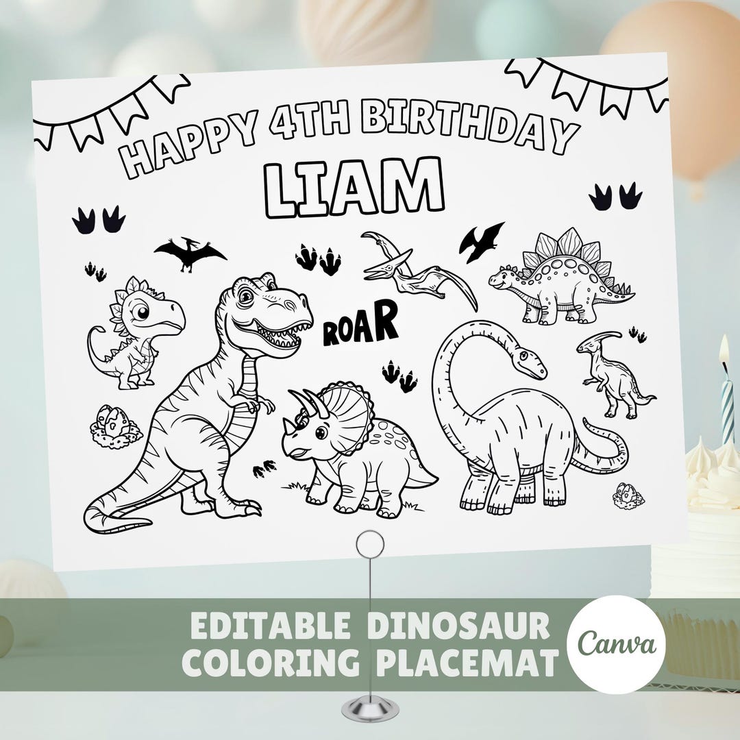 Editable Dinosaur Birthday Coloring Placemat for Kids – Printable Dino ...