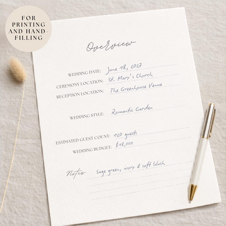 Minimalist wedding planner printable PDF with checklist, guest list and wedding timeline pages