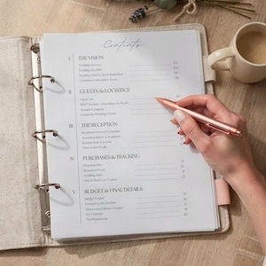 Modern minimalist wedding organizer printable with decor planning, shopping lists and notes pages