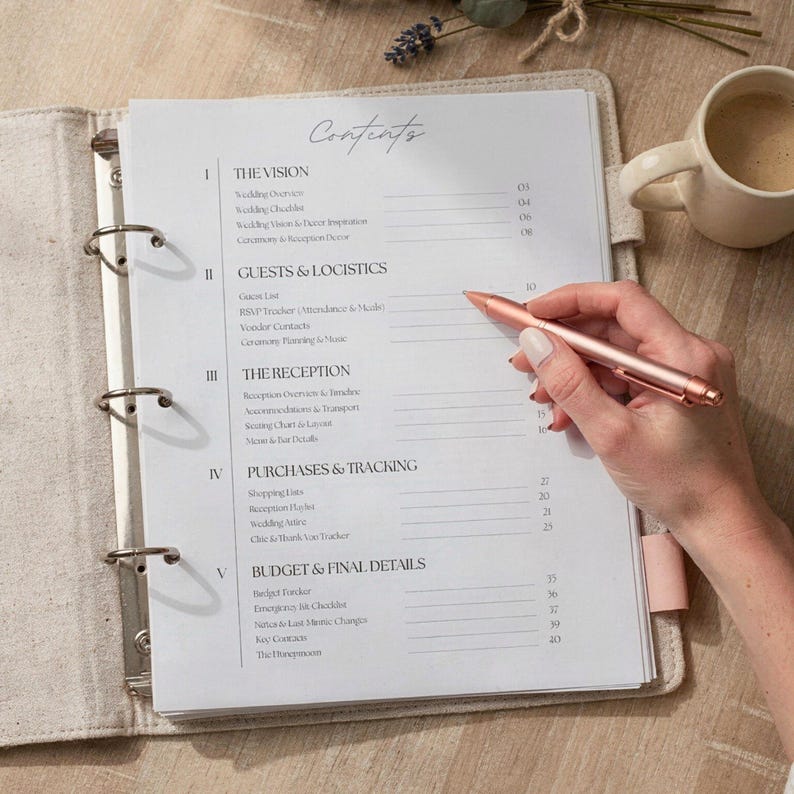 Modern minimalist wedding organizer printable with decor planning, shopping lists and notes pages