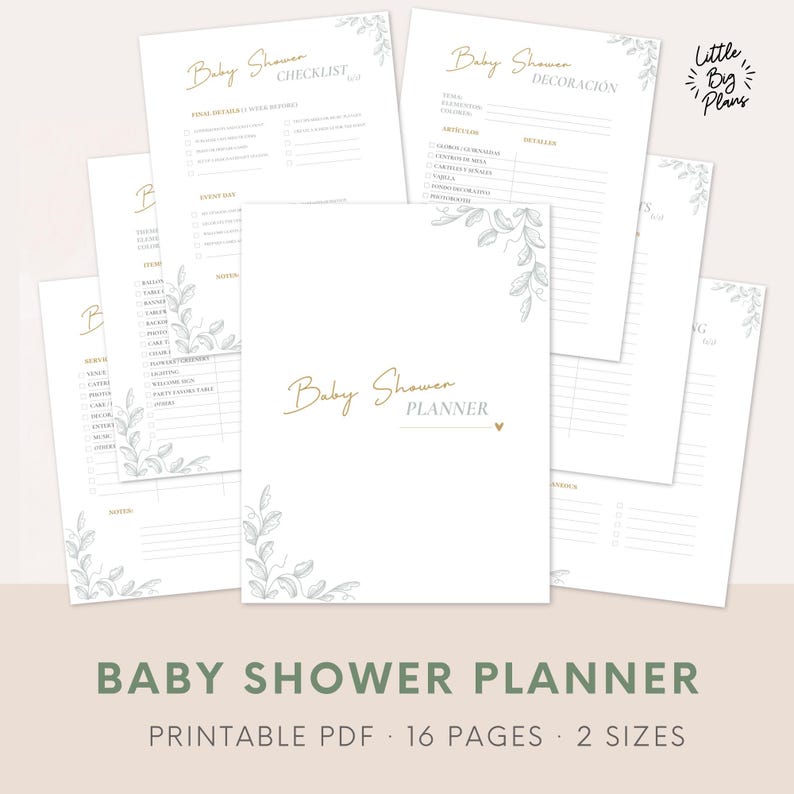 Minimalist neutral baby shower planner with registry checklist and mom-to-be organizer pages, printable PDF.