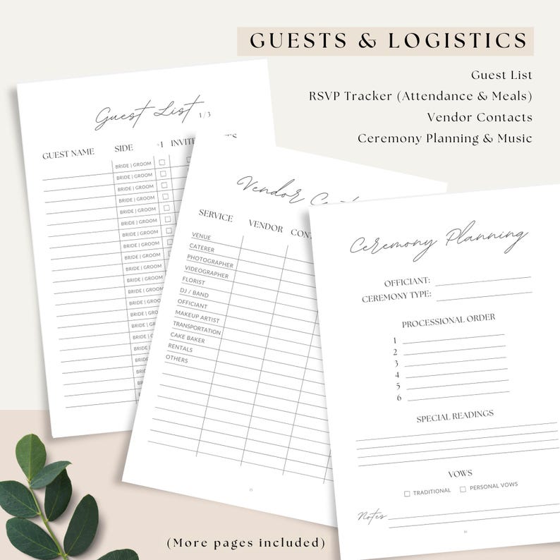 Wedding binder printable pages including RSVP tracker, seating chart and vendor contact list