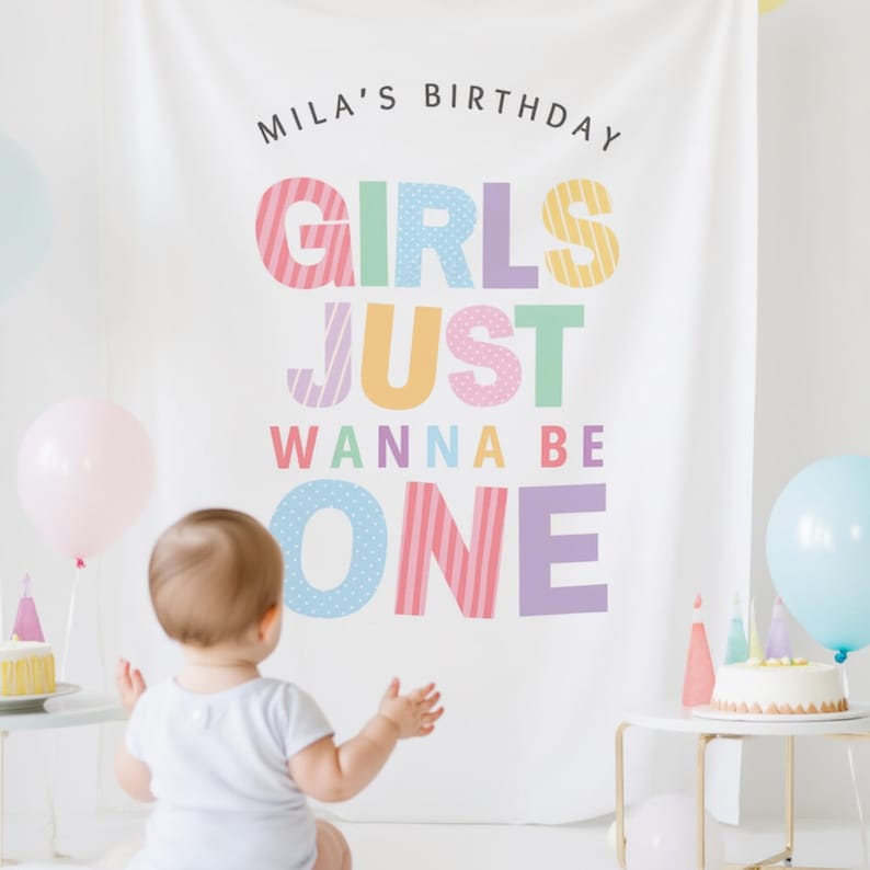 girls just wanna be one birthday backdrop rainbow theme polyester fabric